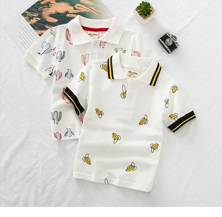 BOY'S Clothes with Short Sleeves New Style Cartoon Printed Casual Fold-down Collar White Background T-shirt CHILDREN'S Shor