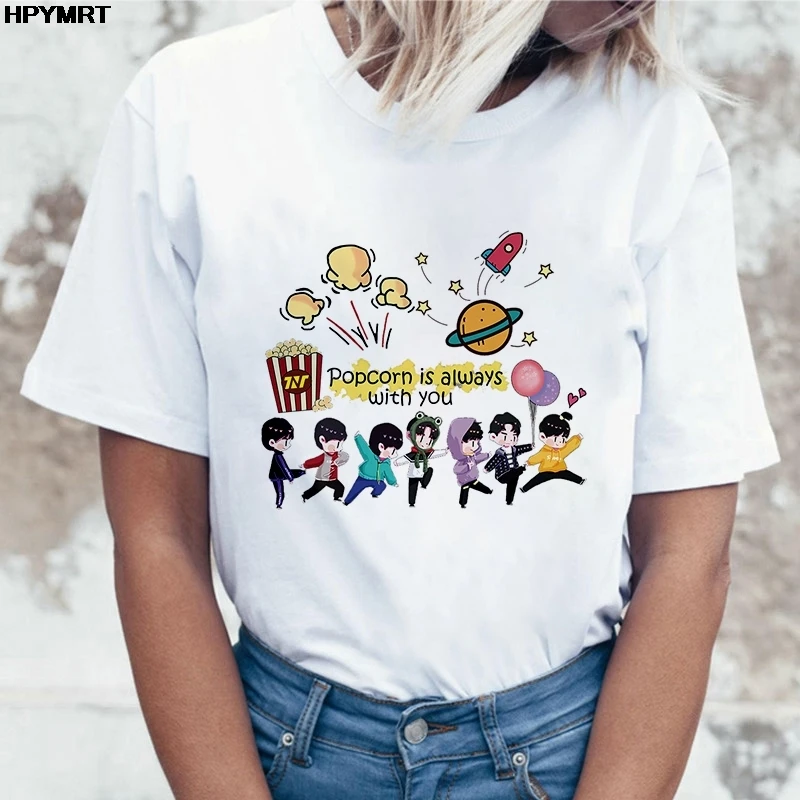 Camisetas con estampado de grupo de chicos para mujer, Tops Kawaii, camiseta de dibujos animados, camiseta Harajuku de manga corta, ropa para AliExpress