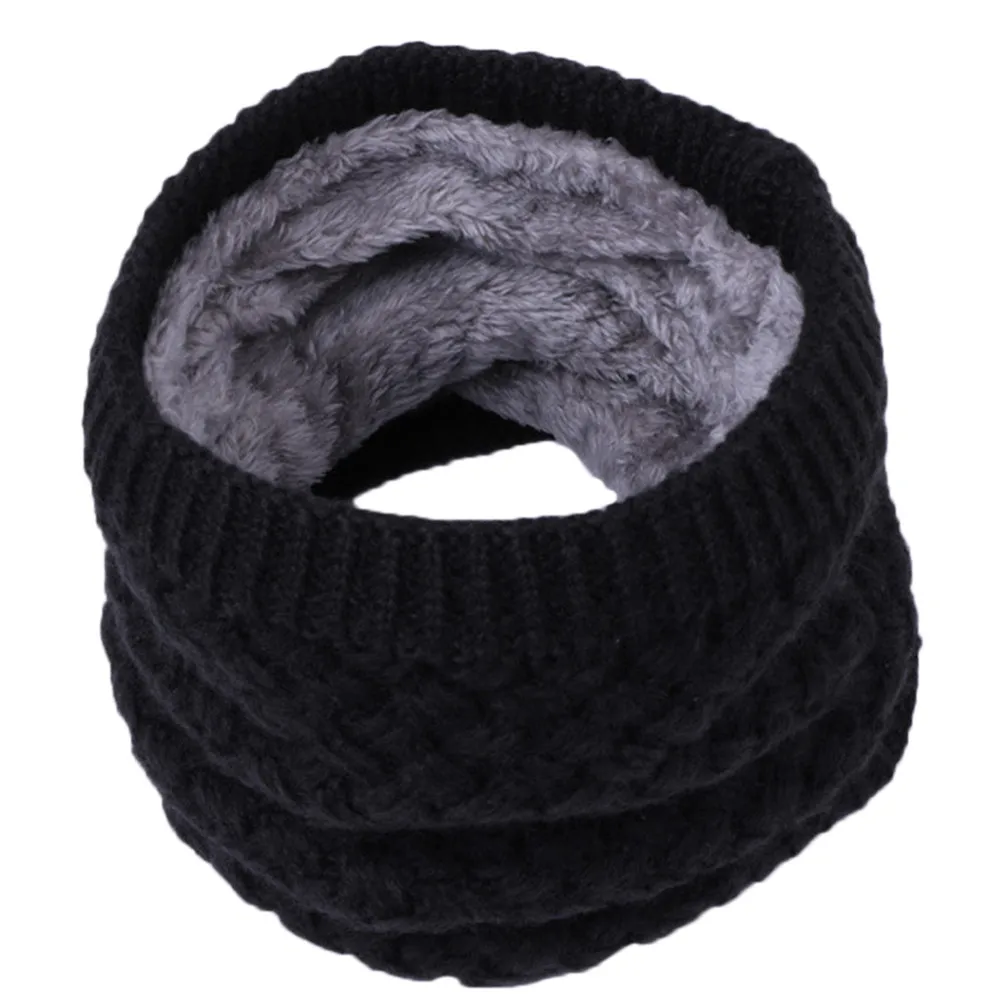 Вязаный шейный шарф для женщин и мужчин, плотный теплый флисовый зимний шарф с подкладкой, шерстяной эластичный Детский шарф с кольцом, шарфы - Цвет: Черный