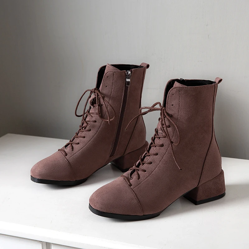 dusty pink Г. Осенняя обувь больших размеров 43 Женские ботинки повседневные ботильоны черного цвета со шнуровкой на массивном каблуке Женская обувь - Цвет: dusty pink