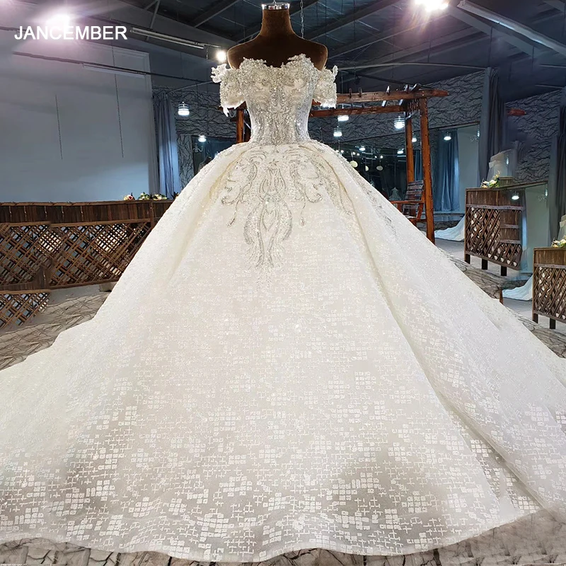 HTL1973 Luxury Sequin Crystal Pearls Wedding Dress 2021 Sweetheart Short Sleeve Lace Up Back Ball Gowns 1