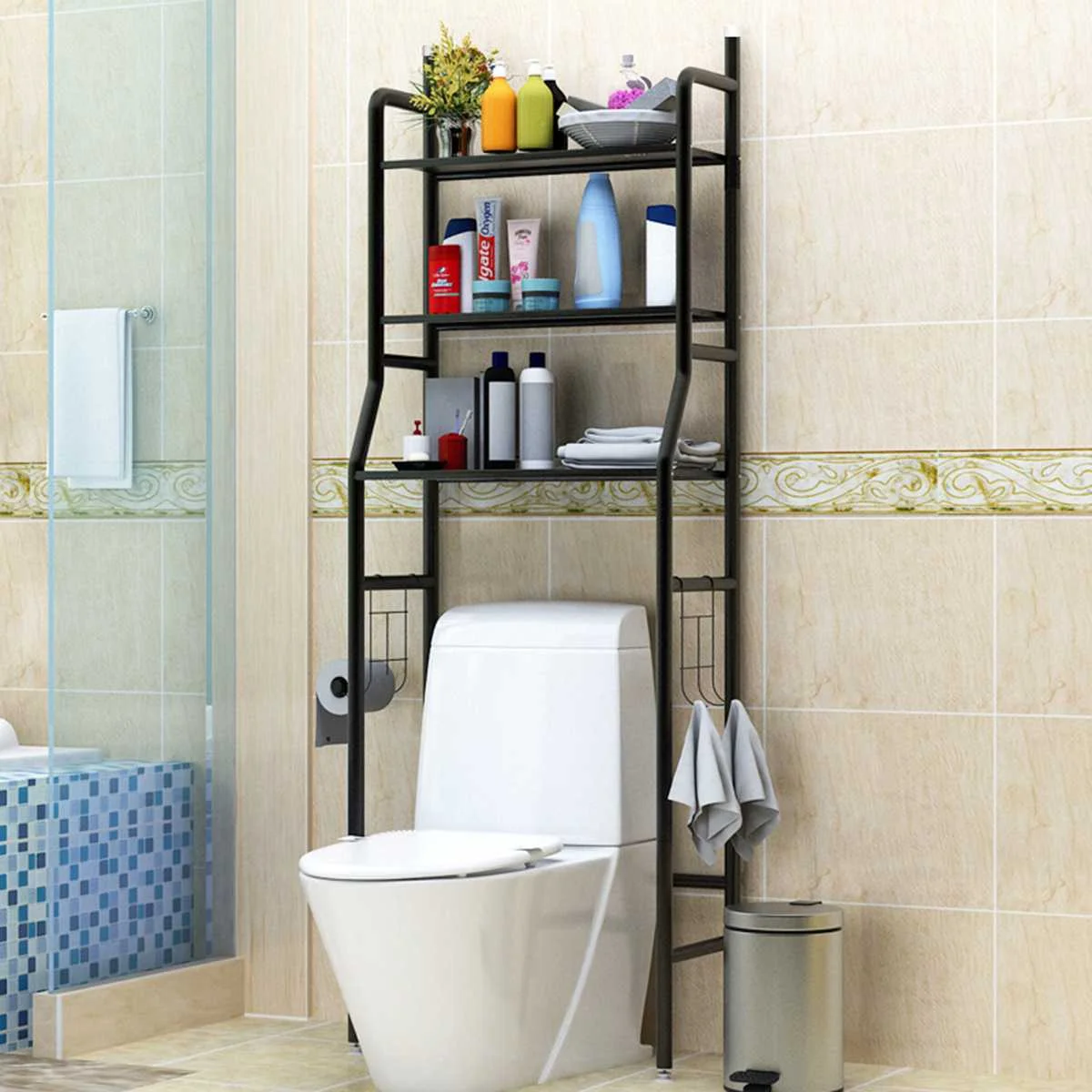 

Stainless Steel Over Rack Toilet Cabinet Shelving Kitchen Washing Machine Rack Bathroom Space Saver Shelf Organizer Holder Black