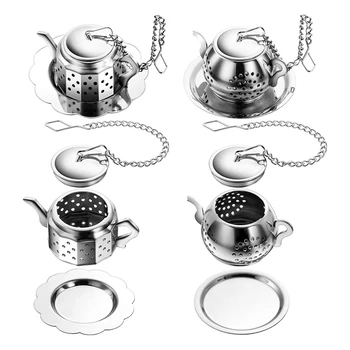 

4 Pcs Loose Leaf Tea Infuser, Polygonal Stainless Steel Tea Filter Tea Ball Infuser Strainer with Chain and Drip Trays
