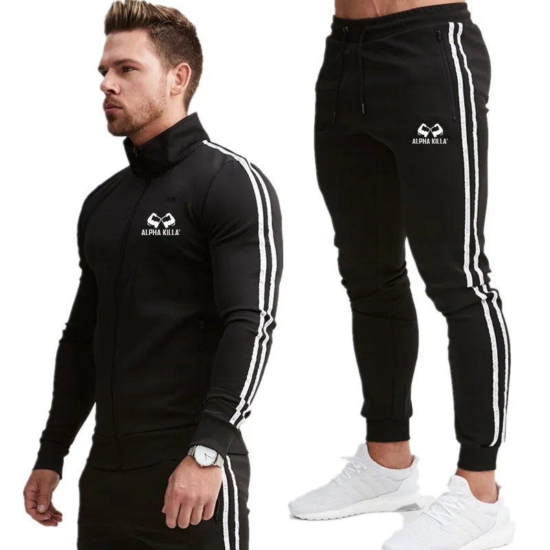 2 Pieces Sets Tracksuit Men New Brand Autumn Winter Hooded Sweatshirt+Drawstring Pants Male Stripe Patchwork Hoodies Bigsweety - Цвет: 1