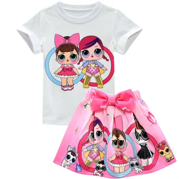 

Toddler Kids Girls Lol Clothes Set Summer Cartoon Short Sleeve T-shirt Tops+bag+Skirt+hat Outfit Childred Suit for Girl New 2PCS