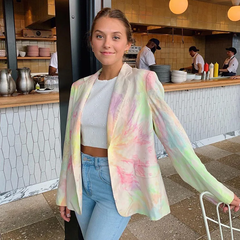 Корейский блейзер с принтом Tye Dye, пальто для женщин, Повседневная Свободная длинная куртка, Блейзер, высокая уличная мода, Женские рабочие пальто, Femme размера плюс
