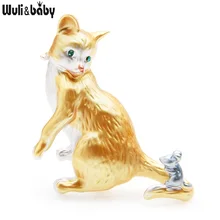 Wuli& baby, эмалированная кошка, играющая в броши с изображением мыши, Женская Коричневая и желтая кошка, животное, повседневная Банкетная брошь, булавки, подарки на год