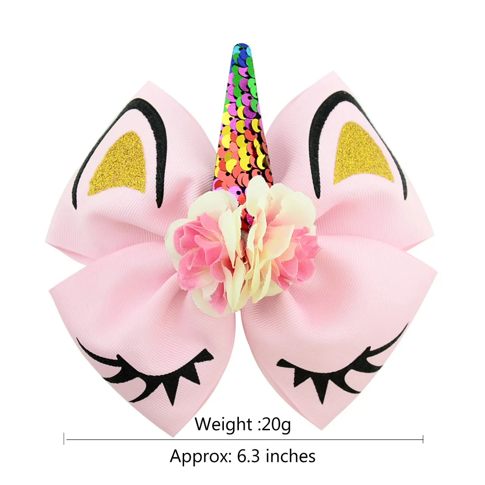 KY03 Glitter Hair Grip With Unicorn Horn for Little Girls Sequin Hair Bowknot School Kids Party Hairgrips Baby Hair Accessorie