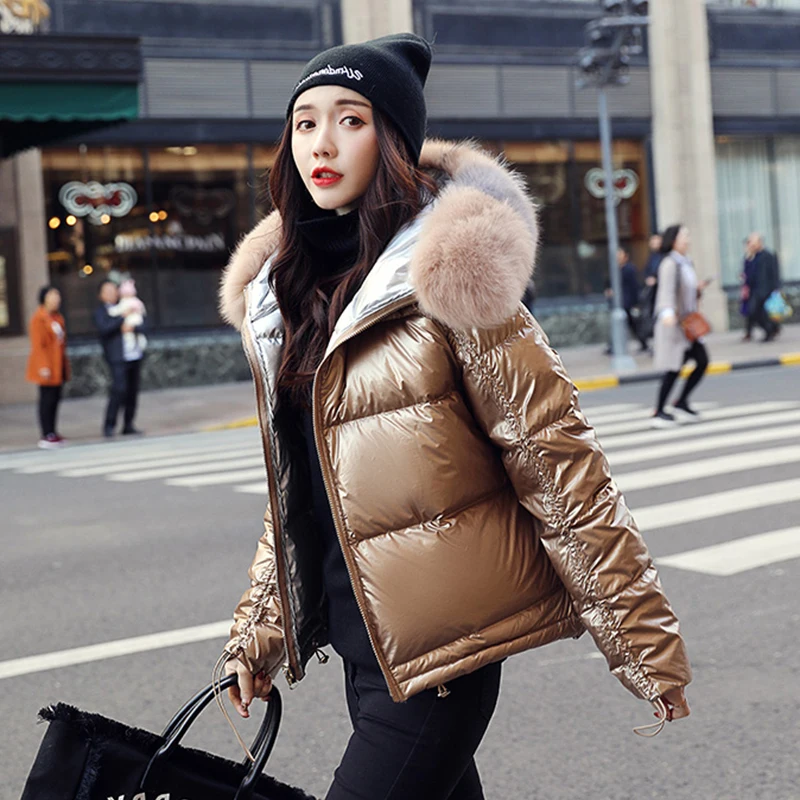 

Real Fur Coat Natural Fox Fur Collar 2019 Winter Jacket Women Loose Short Down Coat White Duck Down Jacket Thick Warm Down Parka