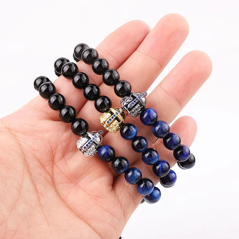 New Design Natural Stone Beads Blue Tiger Eye Helmet Charm Macrame Adjustable Bracelet Men - Image 2