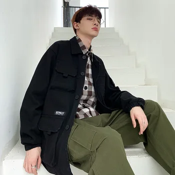 

Autumn New Tooling Jacket Men Fashion Solid Color Casual Cotton Multi-pocket Jacket Man Streetwear Hip-hop Loose Bomber Jacket