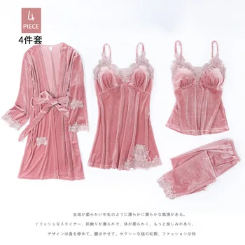 

Female 4PCS Robe&Nighty Sleep Suit Sexy Pajamas Set Sleepwear Lougne Robe Gown Soft Pijamas Nightwear Loose Intimate Lingerie