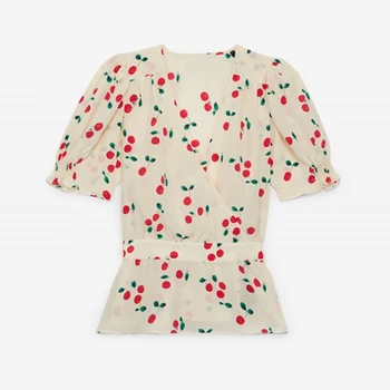 

Cherry Print Silk Women's Short Sleeve Blouse 2020 New Slim Waist Female Shirt And Top
