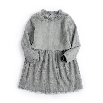 

Girls Princess Dress Autumn and Winter Plus Velvet Dress Lace Floral Long Sleeve Padded Children's Dress