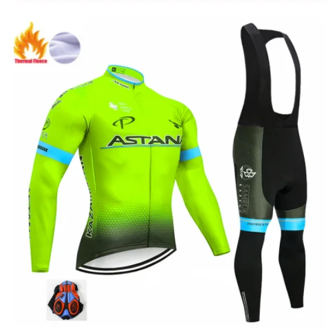 Fleece long sleeve Ciclismo Jerseys fluorescent green ASTANA winter clothing polar cycling uniform warm long-sleeved bicycle clothing bicclet - Цвет: Fleece long sleeve
