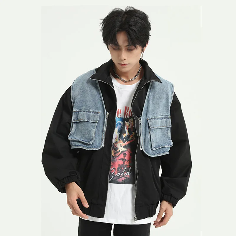 

2020 New Male High Street Hip Hop 2 Pieces Splice Denim Vest Tooling Jacket Overcoat Male Women Casual Coat Outerwear