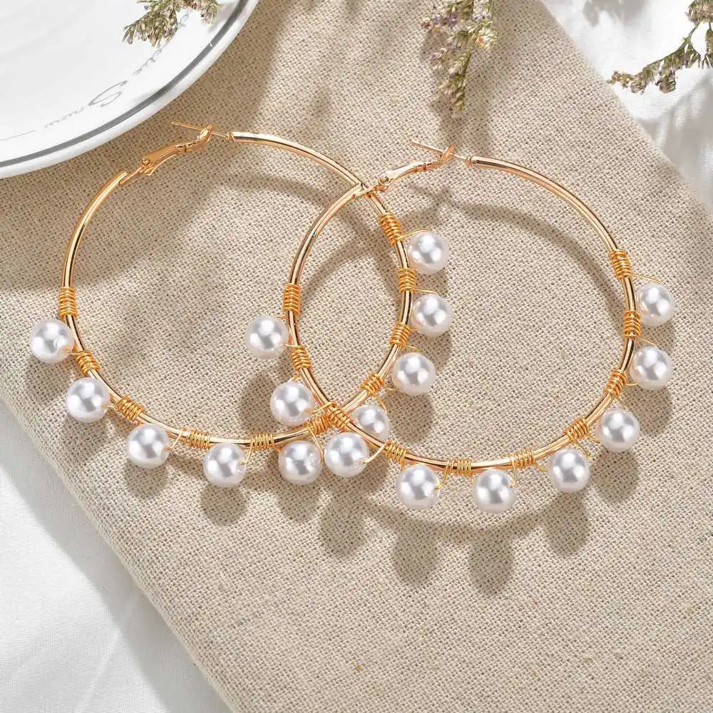 New Fashion Large Pearl Hoop Earrings for Women Female Exaggerated Big Circle Brincos Vintage Earrings Jewelry Party Gifts