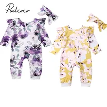 Коллекция года, весенне-осенняя одежда для малышей Одежда для новорожденных девочек комбинезон с длинными рукавами и цветочным рисунком комбинезон с повязкой на голову комплект одежды из 2 предметов