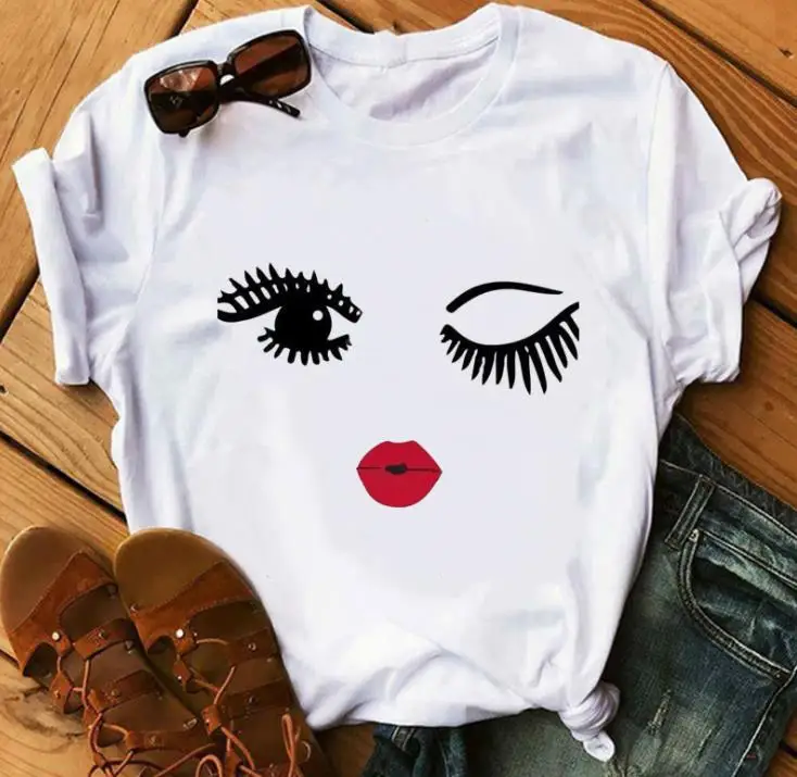 Vogue Red Lip Eyelash 3D Print T Shirt Women Short Sleeve O Neck Loose Tshirt Summer Fashion Women Tee Shirt Tops