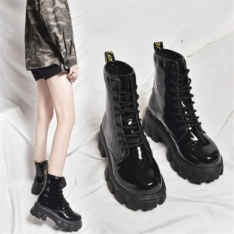 OEIN Botas de estilo europeo para mujer, Botines negros de charol con  cordones y punta redonda, zapatos de otoño|Botas hasta el tobillo| -  AliExpress
