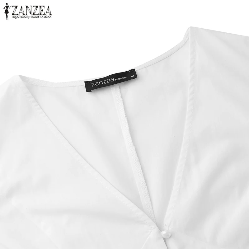 ZANZEA, женские хлопковые льняные топы, блузки, для офиса, для девушек, для работы, белая рубашка, модные, Необычные пуговицы, длинные топы, туника, Blusas 7