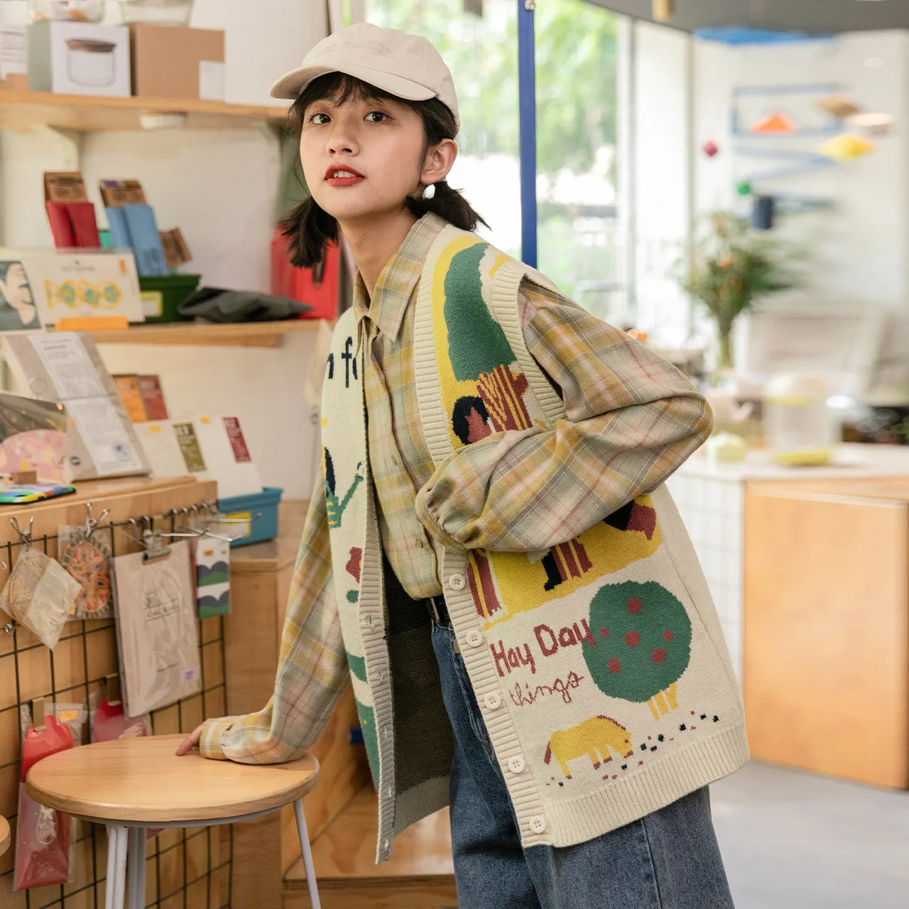 

2020 Kawaii Sweater Women Autumn V-Neck Sleeveless Preppy Style Cardigan Single Breasted Print Korean Retro Vest Fashion