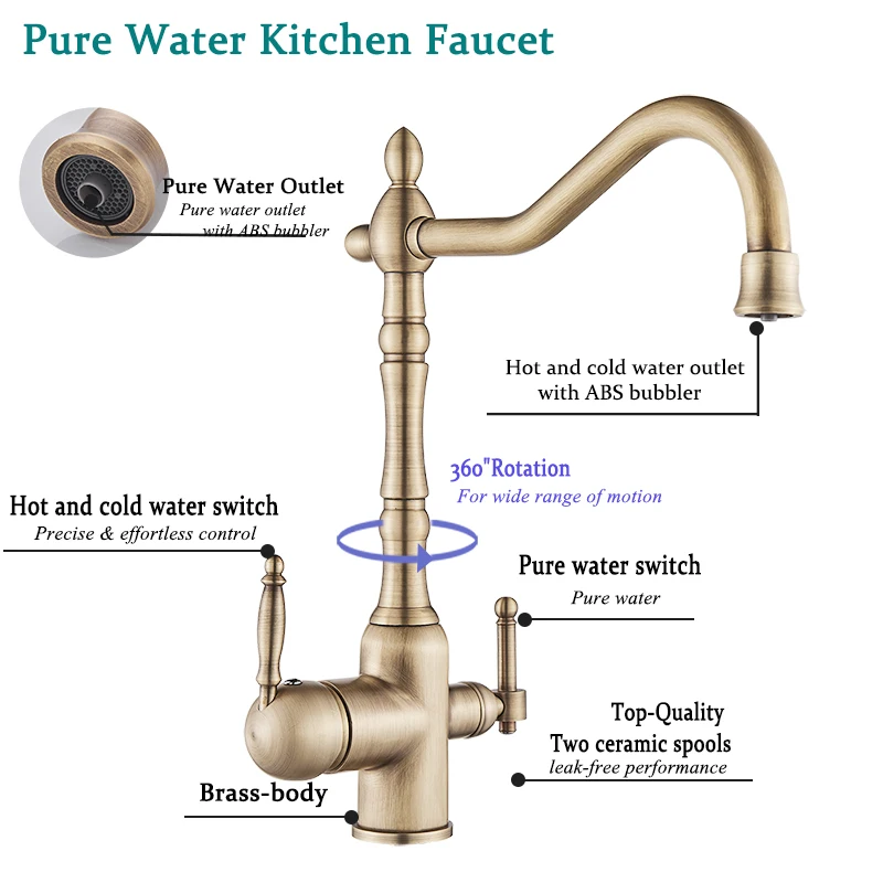 Antique Brass Filter Kitchen Faucet Drinking Pure Water Kitchen Tap Deck Mounted Dual Handles 3-Ways Hot and Cold Water Mixer kitchen faucet with sprayer