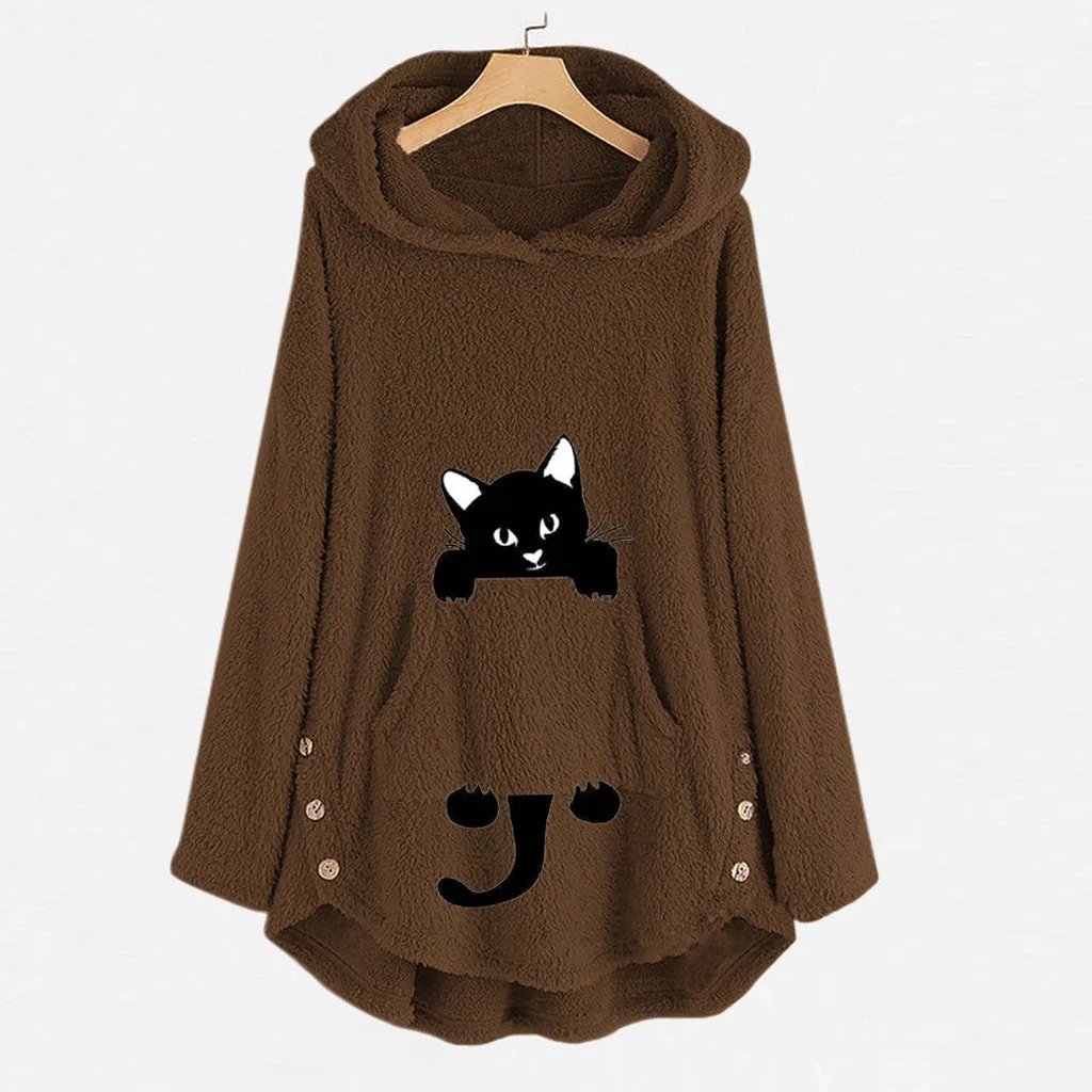 Womens Winter Plush Coat Fleece Cat Embroidery Warm Hoodie Top Plus Size Button Lady Pocket Outwear Long Pullover Womens Warm