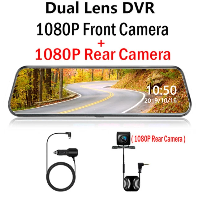 Автомобильный видеорегистратор Full HD Dash Cam 10 дюймов поток медиа зеркало заднего вида ips сенсорный экран Авто Регистратор Автомобильный видеорегистратор g-сенсор - Название цвета: Dual Lens 1080P