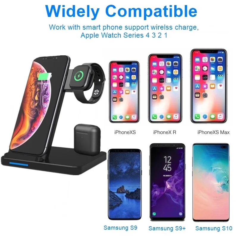 10 Вт Беспроводное зарядное устройство подставка для Iphone X 8 Xiaomi Быстрое беспроводное зарядное устройство док-станция для Apple Airpods Watch 4 3 2 1