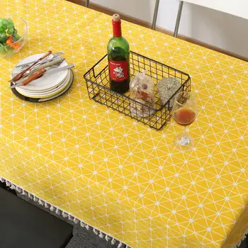 

Nordic Cotton Linen Tablecloth Yellow Plaid Striped Printing Table cloth Pendant Lace Decor Rectangular Tea Table Pad Meal Cloth