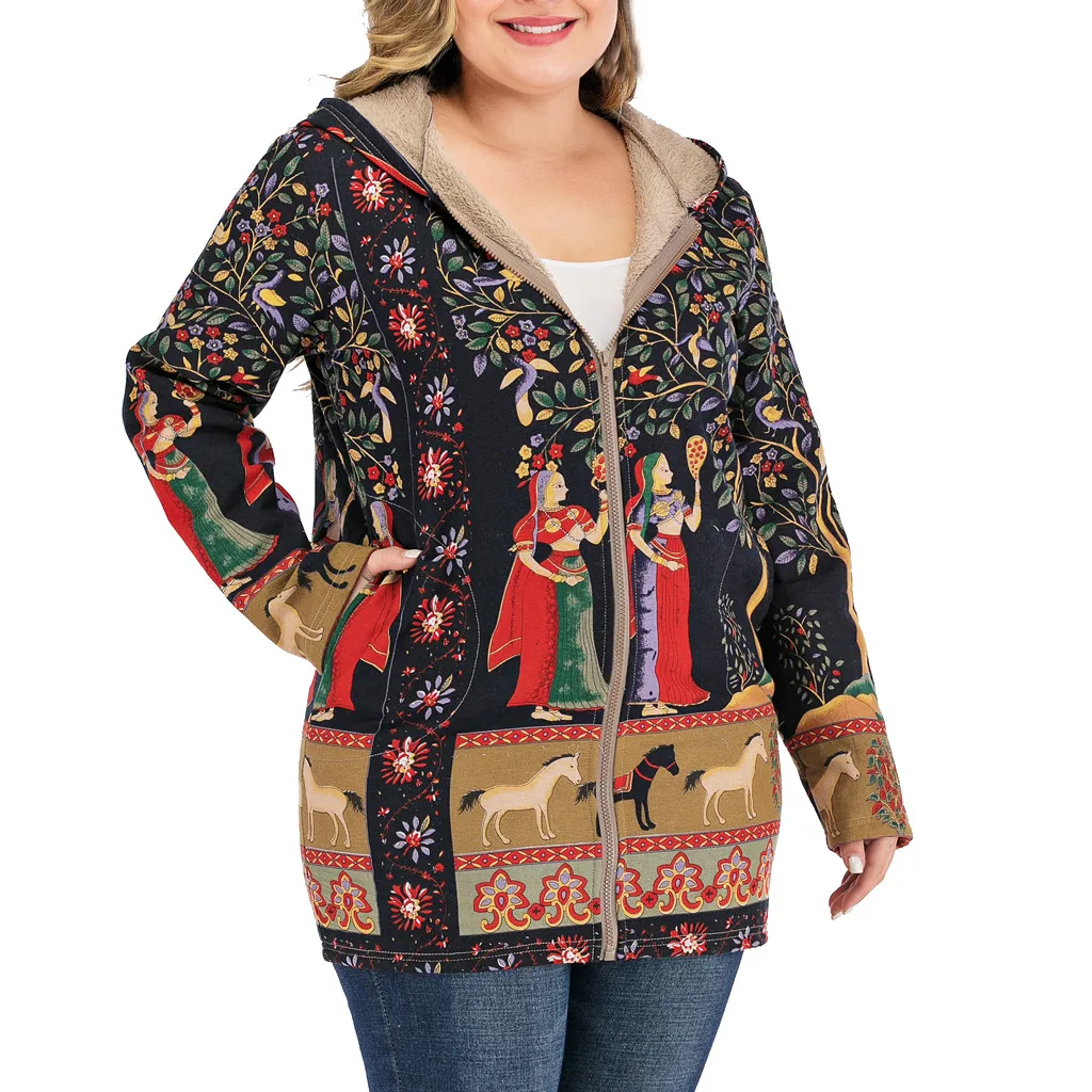 amazing  Womens Coat Winter Warm Outwear Floral Print Hooded Pockets Vintage Oversize Female Coats Women's C