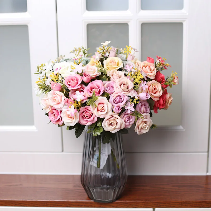 

1 bundle European style Roses bouquet vases for home decor christmas scrapbooking wedding decorative wreaths Artificial flowers