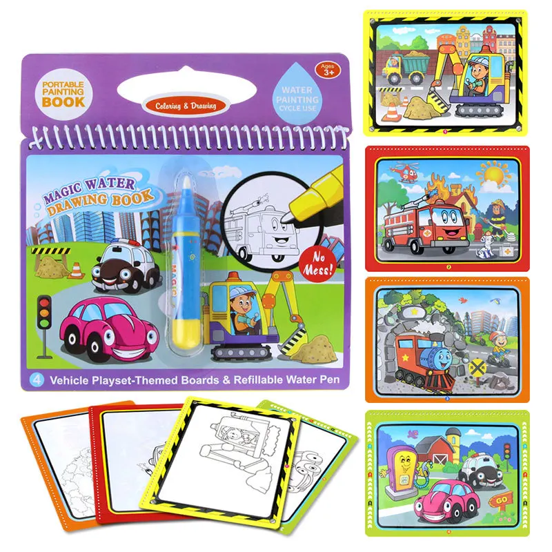 

Diy Magic Water Drawing Book Carton Vehicle Bus Train Truck Doodle & Magic Refillable Pen Painting Board Toys for Kids Xmas Gift