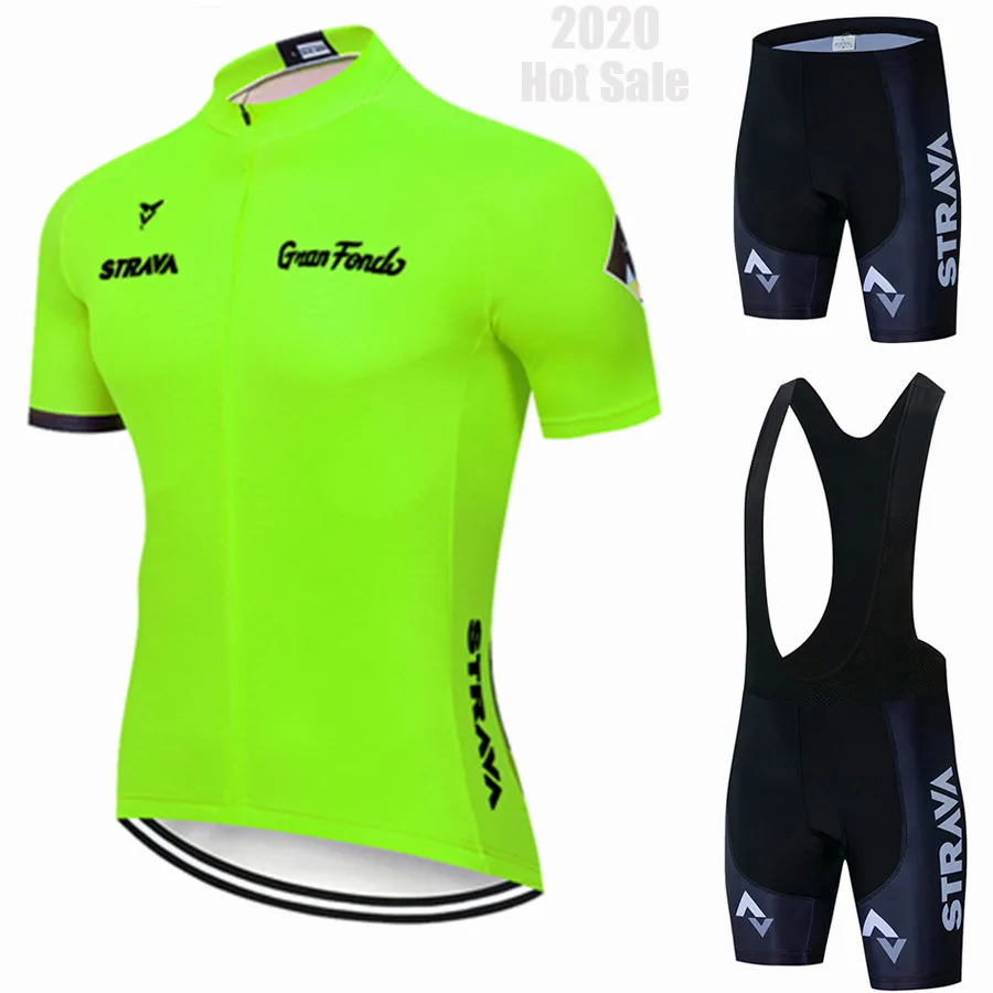 STRAVA флуоресцентный зеленый комплект Джерси для велоспорта летняя велосипедная