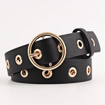 

Women Leather Belt Round Metal Pin Buckle Circle Belts Hot Brand Fashion Punk O Ring for Women Belt