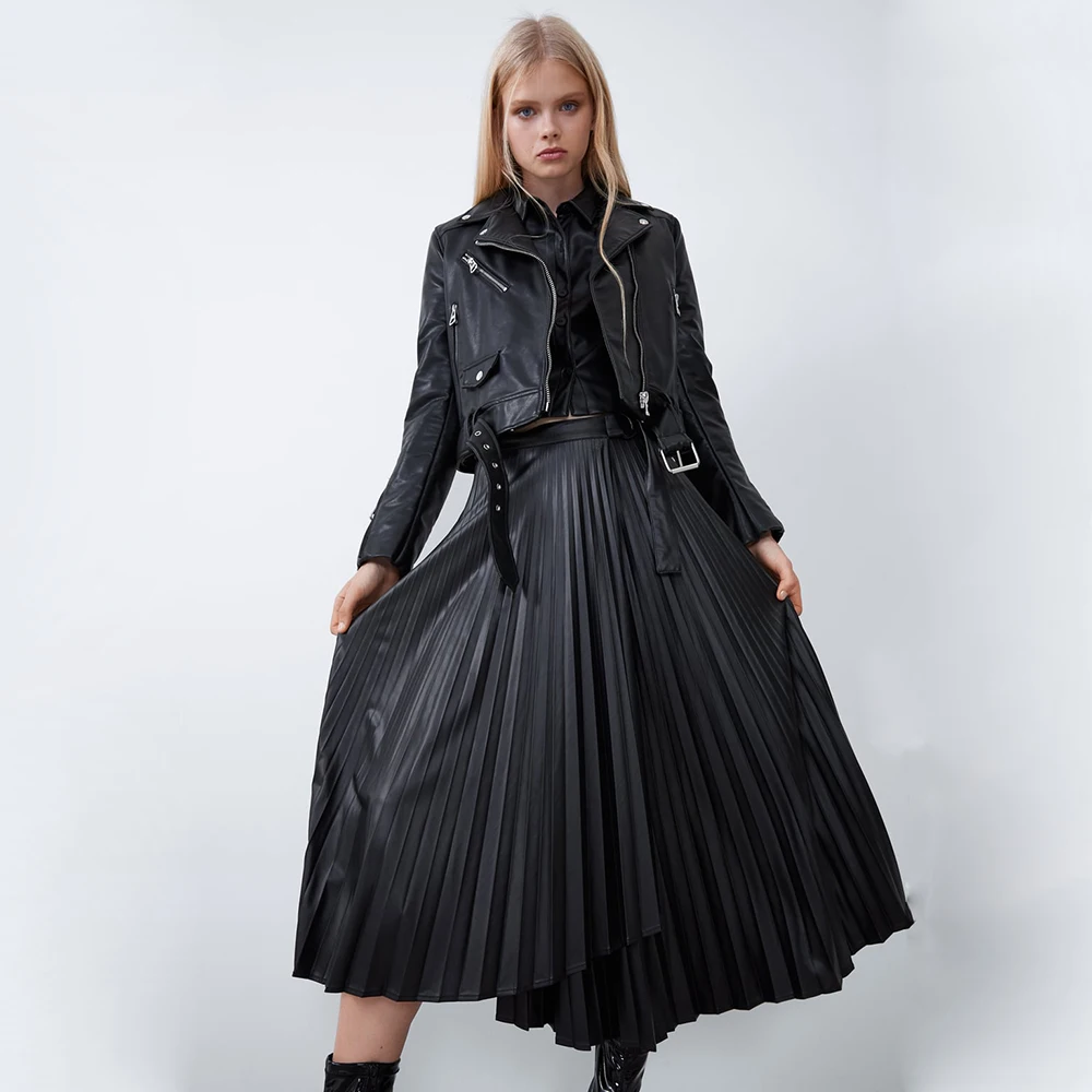 Ladyfirsy ZA Irregular PU Leather Skirt for Women New Trendy Moto Girls Street Style Club Loose Female Pleated Skirt Wholesale