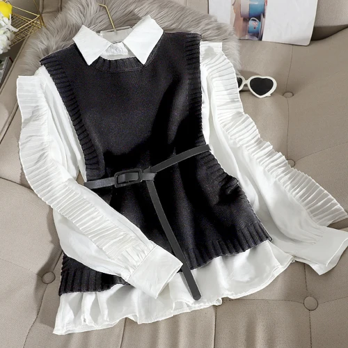 black Neploe Модный женский комплект из 2 предметов, отложной воротник, длинный рукав, оборки, одноцветная нижняя рубашка+ вязаный жилет без рукавов, Chandal, осень 48345 - Цвет: black