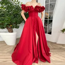 Fashion Boat Neck 2021 Evening Dress A-Line Red 3D Flowers Women Prom Gown Button Backless Party Gowns Split Robes De Soirée