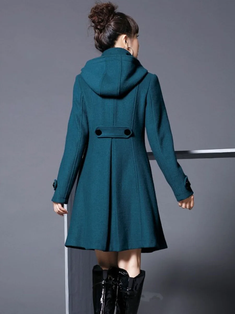 Women Coats Casual Vintage Elegant Winter Black Office Lady Plus Size Slim Hooded Button Green Female Fashion Retro Overcoats - Цвет: Бирюзовый