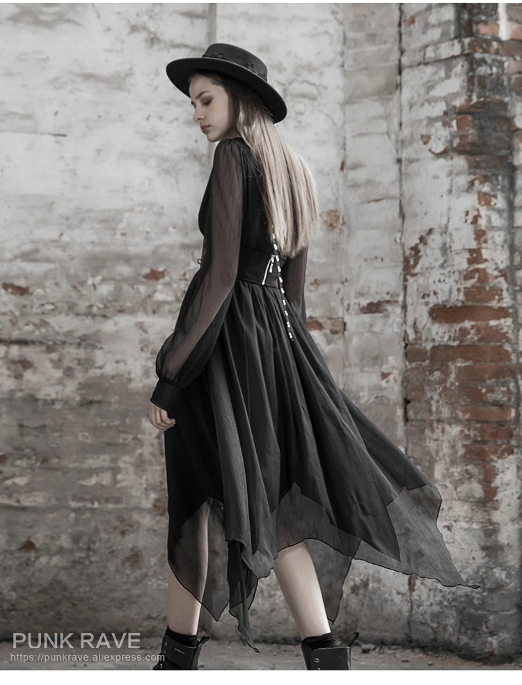 Панк RAVE девушка Готический каждый день с высокой талией асимметричное шифоновое длинное платье Элегантное Черное женское платье с длинным рукавом