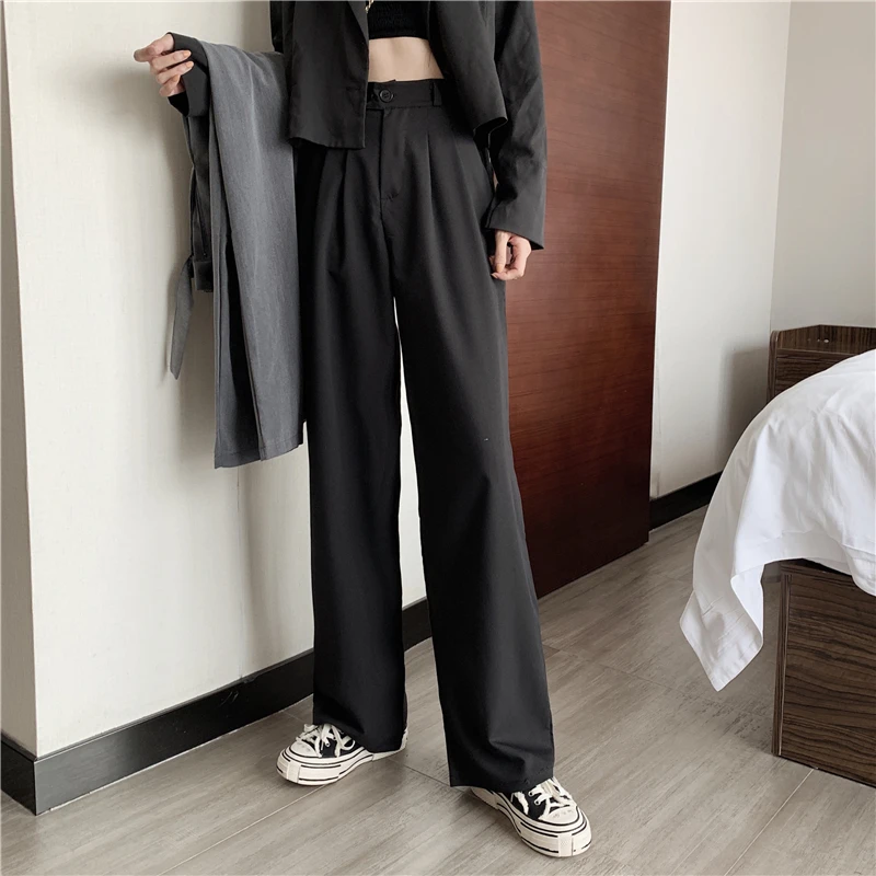 Осенние корейские брюки женские Новые широкие прямые брюки черные повседневные брюки женские с высокой талией тонкие широкие брюки