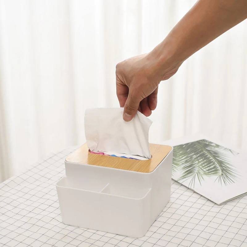 

Tissue Box Bamboo Wood Cover Tissue Box Creative Desktop Tray Home Living Room Simple Plastic Remote Control Storage Box