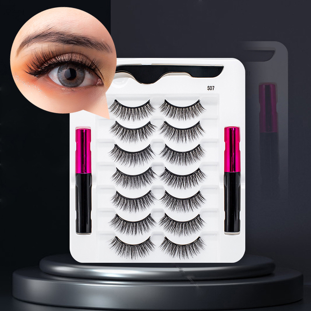 3/5/7Pairs Magnetic Eyelashes False Lashes Repeated Use Eyelashes Waterproof Liquid Eyeliner With Tweezer Makeup Set