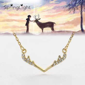 

SpringLight Unique Antlers Necklace Real 925 Sterling Silver Creative Fine Jewelry 18K Gold Pendant Necklace for Women Girl Gift