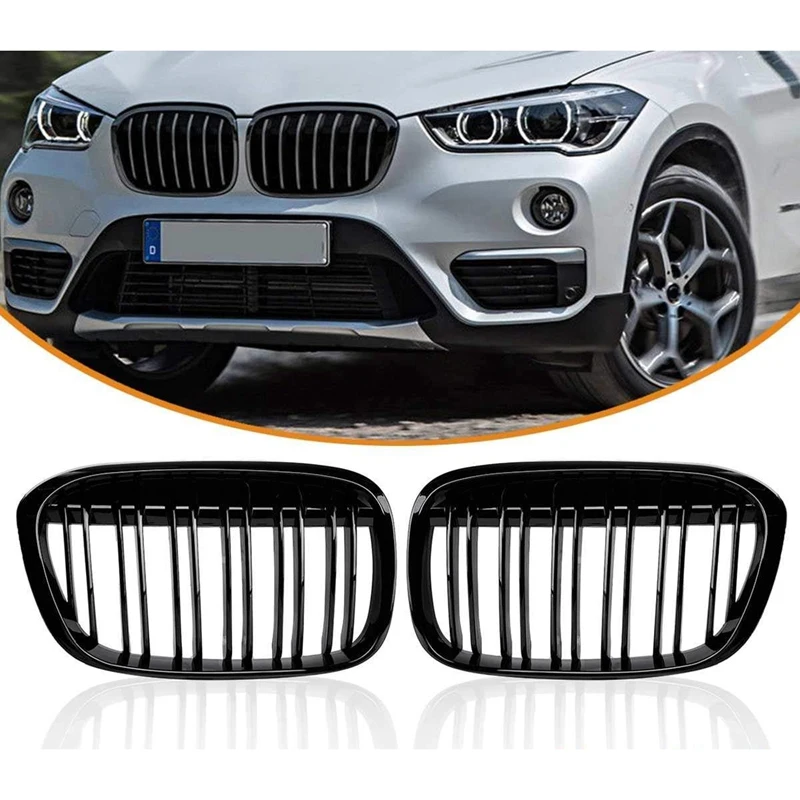 Topteng 1 Pair Front Kidney Grill Grille Fit for B-M-W F48 F49 X1 2016+ Gloss Black 