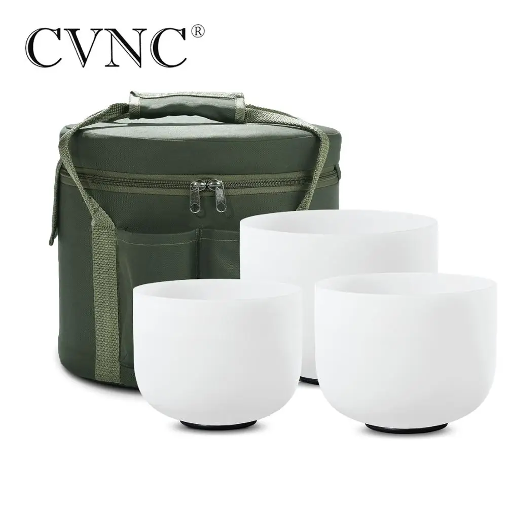 CVNC 8&quot10&quot12" Frosted Quartz Crystal Singing Bowl Chakra Set 3 pcs for Boost Immune System with Free 12" Green Liner Bag |