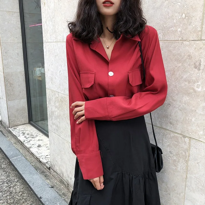 

2019 Autumn Clothing New Style Korean-style Sweet Loose-Fit Solid Color Long-sleeved Shirt Fat Mm Elegant Casual Versatile Shirt