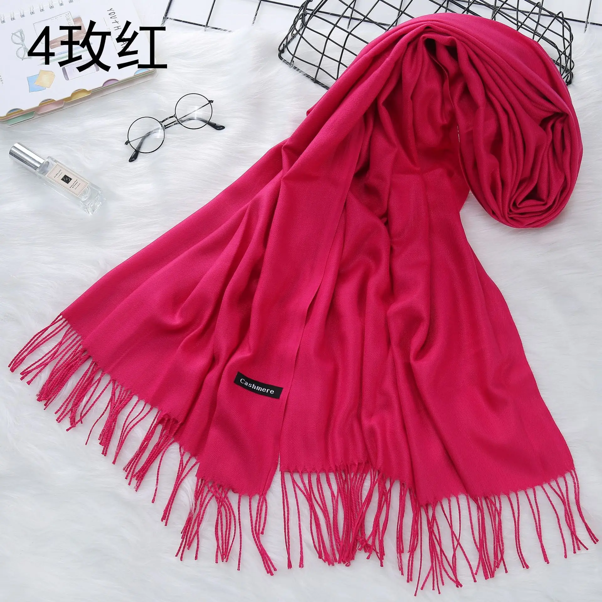 Унисекс кашемировое одеяло шарф зима сплошной цвет имитация кашемировая голова шарф с кисточками осень толстый теплый шарф 31 Цвета - Цвет: Rose red