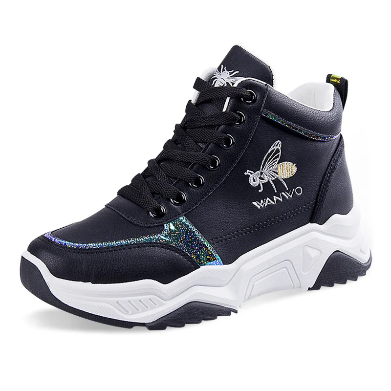 

SWYIVY PU Casual Shoes Women Platform Sneakers High Top Spring 2020 New Chunky Sneakers Women Bee Embriodery White Shoes Fashion